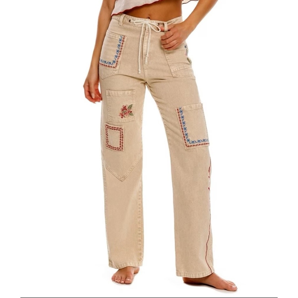 Agua Bendita Moorea Blush Floral Embroidered Straight Cargo Pants Size Large